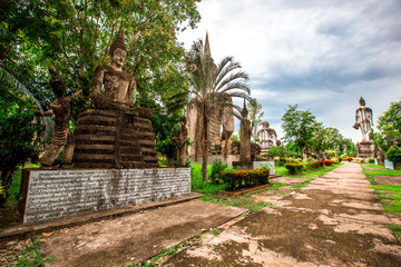 The background of the important religious sites in Nong Khai Province of Thailand (Sala Keo Kou) has Buddha images, statues, sculptures and history for tourists to study while traveling.