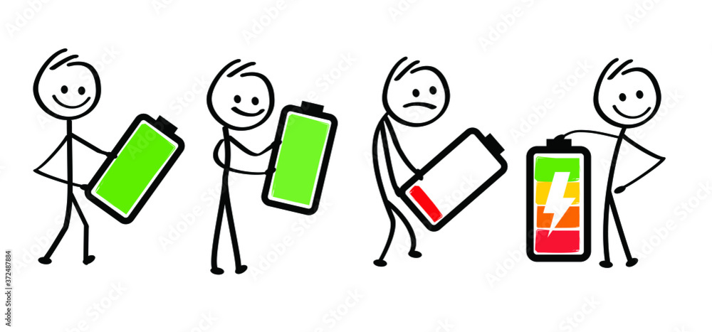 Battery level. Kids playing running, jumping Happy smile stickman emoji ...