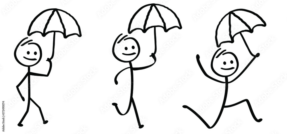 Walks in the rain. Kids playing running, jumping Happy smile stickman ...