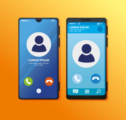 Sticker - realistic smartphones mockup with call in display vector illustration design