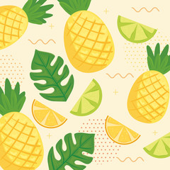 Wall Mural - background of sliced oranges and lemons with pineapples and tropical leaves vector illustration design