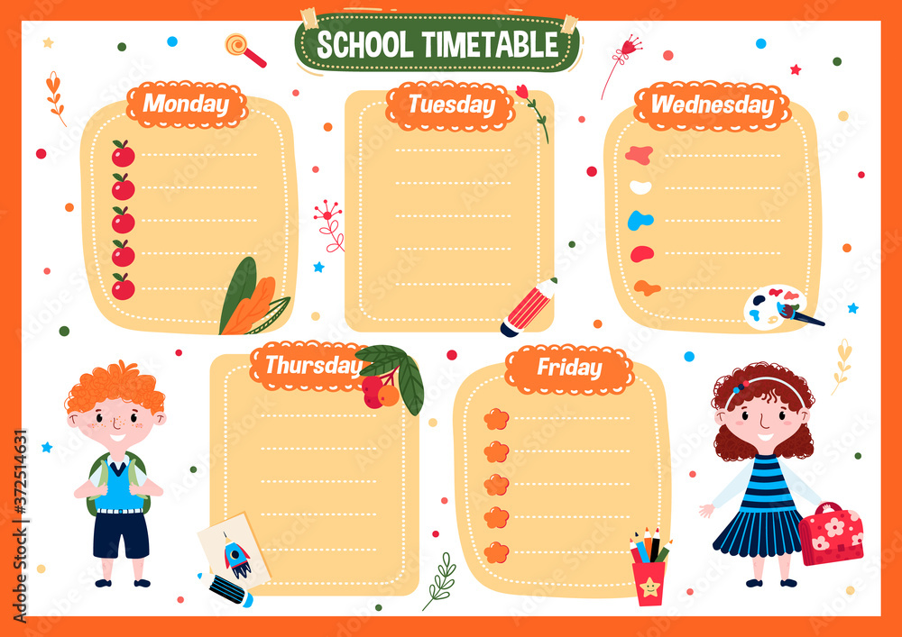 Daily School Timetable for children. Weekly calendar for classes ...
