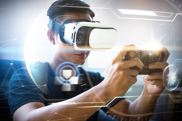 Futuristic virtual reality VR headset technology playing video games using mobile phone device shooting user interface, Asian man sitting on sofa free time enjoinment having fun at home living room