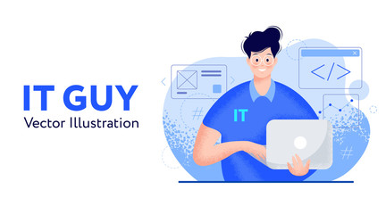 IT guy with laptop, a developer or designer or solution architect or tech consultant. Young happy smiling man in glasses with computer in hands, flat modern vector illustration, grainy texture