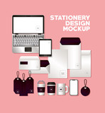 Fototapeta  - mockup set with dark purple branding of corporate identity and stationery design theme Vector illustration