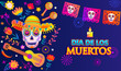 Bright banner for Day of the dead, Mexican Dia de los muertos, poster with colorful flowers,flags, skull in sombrero, guitar, maracas and place for text.Party flyer, greeting or invitation card.Vector