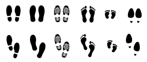 Human bare walk footprints shoes and shoe sole Kids feet and foot steps Fun vector baby footsteps icon or sign for print Kid step for trail Walking footstep and footprint for trekking or follow route