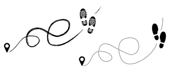 Wall Mural - tracking track footprints human shoes shoe sole funny feet footsteps route people silhouette follow vector hiking icon steps sign foot Walks Walking wallpaper banner Trekking footmark fun navigation 