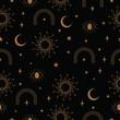 Black and Gold Astrology Sun Seamless Pattern in Vector.