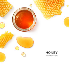 Wall Mural - Creative layout made of honey on the white background. Flat lay. Food concept.	