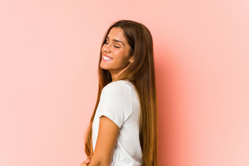 Young caucasian woman doing beauty poses isolated