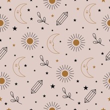 Sun And Moon Seamless Pattern In Vector.