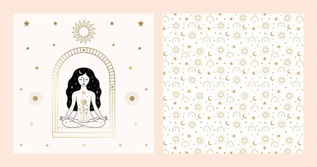 woman meditating card design in vector.