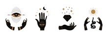 Boho Doodle Mystic Hands. Hand Drawn Esoteric Icons, Simple Feminine Logo Set With Moon Eye Sun Snake. Vector Illustration