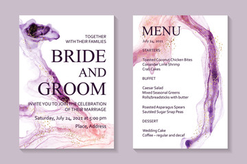 Modern luxury wedding invitation design or card templates for birthday greeting or certificate or cover with pink and purple fluid paint waves and golden splashes on a white background.