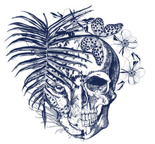 Blue Skull With Leopard, Palm Leaf, Butterfly And Flowers In Vintage Style Illustration