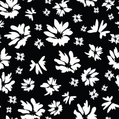Wall Mural - seamless pattern with vintage hand drawn white wildflowers on black background design