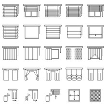 Window Curtains, Blinds And Jalouise Line Icons Set. Collection Of Different Types Of Roller Shutters, Window Sunblinds, Mosquito Net And Remote Control In Outline Style