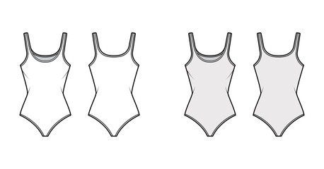 Cotton-jersey tank bodysuit technical fashion illustration with fitted body, sleeveless. Flat outwear cami apparel template front, back, white, grey color. Women men unisex top CAD mockup. 