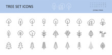Tree Vector Set Icons. Trees With Crown, Leaves, Spruce, Coniferous Pine. Bushes Linear Icon Editable Stroke.