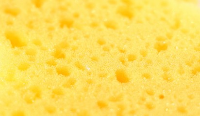 Wall Mural - Close-up of a yellow washcloth for bathing in a bath or shower. The structure and texture of the spongy material with holes.