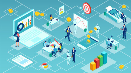 Wall Mural - vector of businesspeople working together with robots on financial data analysis