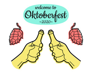 Wall Mural - Hand drawing of cheers. Two hands holding and clinking with two beer bottles. Sketch for Oktoberfest 2020. Vector illustration.
