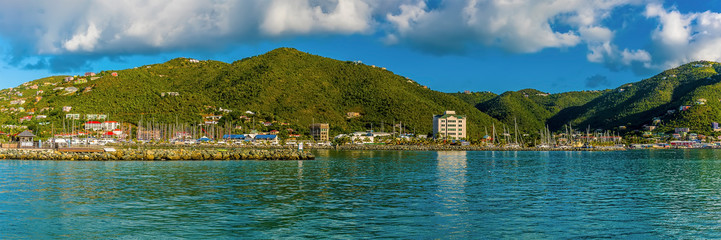 A panorama view into the harbour at Road Town on Tortola in the early morning sunshine