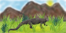 3d Image: Komodo Dragon In The Grass Against The Background Of Mountains