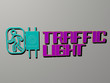 3D illustration of TRAFFIC LIGHT graphics and text made by metallic dice letters for the related meanings of the concept and presentations for city and road