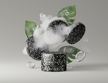 3D Black Terrazzo Rock Pedestal Podium, Cloud And Palm Monstera Leaves. Gray Abstract Studio Background For Cosmetics Or Beauty Product Presentation Grey Stone Showcase Podium Levitating. 3D Render