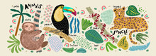 Abstract Jungle! Vector Illustrations Of Animals (sloth, Snake, Leopard, Parrot Toucan), Leaves, Spots, Objects And Textures. Hand-drawn Art For Poster, Card Or Background
