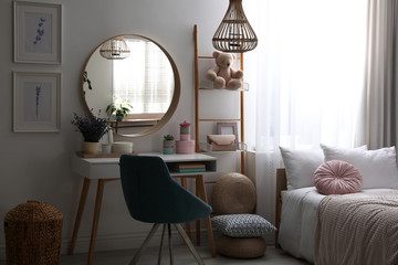 Poster - Teenage girl's bedroom interior with stylish furniture. Idea for design