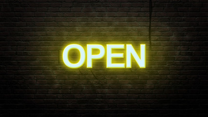 Wall Mural - open neon sign emblem in neon style on brick wall background