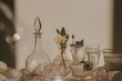 © Laura Alonso/ADDICTIVE STOCK - High angle of white delicate flowers in small vase placed on table covered with tulle and arranged with vintage styled glasses and decanter