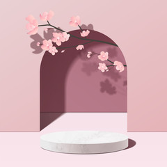 Wall Mural - Minimal geometric, white marble podium mockup in pink background with pink sakura flower. product presentation, mock up, scene to show cosmetic product, Podium, stage pedestal or platform. 3d vector