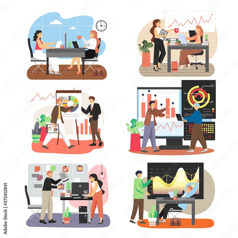 Office scene set with business people working together, training, taking coffee break, flat vector isolated illustration - obrazy, fototapety, plakaty 
