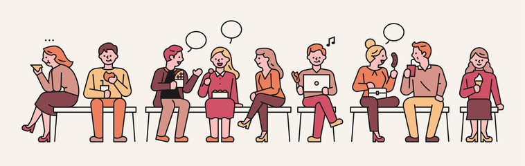 Wall Mural - many people are sitting in a row on the bench and talking.
