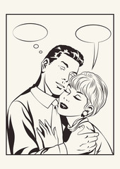 Wall Mural - Couple in Love, Hugging and Romantic Dialogue Comic Book Style Hand Drawn Illustration 