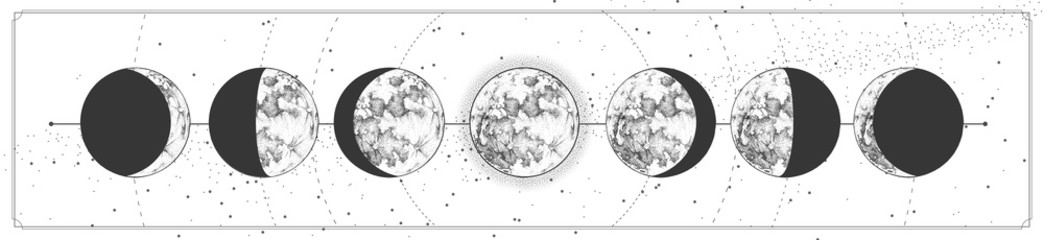 Wall Mural - modern magic witchcraft card with moon phases. pagan moon symbol. vector illustration