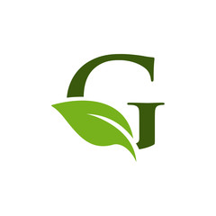 Wall Mural - Letter G initial with green leaf logo vector design template