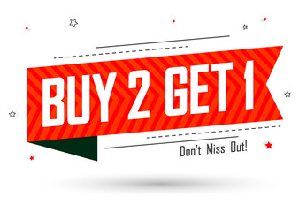 Buy 2 Get 1 Free, special offer, Sale banner design template, discount tag, end of season, app icon, vector illustration