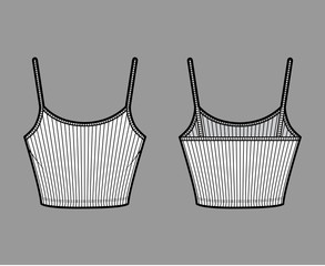 Ribbed cropped camisole technical fashion illustration with scoop neck, fitted knit body, waist length. Flat outwear basic tank apparel template front back white color. Women men unisex shirt top CAD