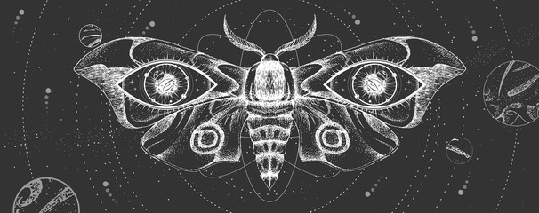 Wall Mural - Modern magic witchcraft card with solar system and butterfly. Hand drawing occult vector illustration