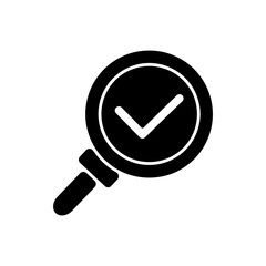 Sticker - Discovery black glyph icon. Magnifying glass with checkmark. Research completed. Zoom with loupe. Right answer. Diagnostic confirmed. Silhouette symbol on white space. Vector isolated illustration