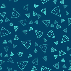 Green line Nachos icon isolated seamless pattern on blue background. Tortilla chips or nachos tortillas. Traditional mexican fast food. Vector.