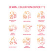 © bsd studio - Sexual education concept icons set. Human sexuality awareness idea thin line RGB color illustrations. Anatomy and reproductive health teaching. Vector isolated outline drawings