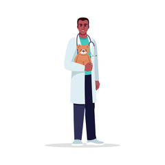 Poster - Pediatrician semi flat RGB color vector illustration. Children care doctor. Hospital personnel. Young african american man working as pediatrician isolated cartoon character on white background