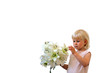 a little cute girl with flowers isolated on a white background