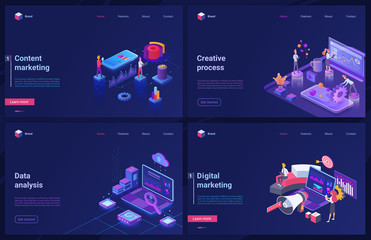 Aufkleber - Data analysis, digital marketing technology 3d vector illustrations. Cartoon isometric modern blue creative design set, concept banners with seo creative process of content digital marketing services